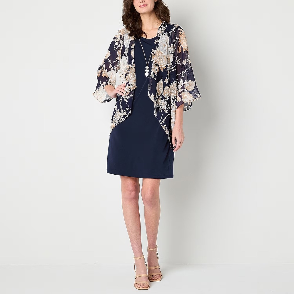 MSRP $84 Sandra Darren Womens XL Navy Ivory Tan Floral Jacket Dress With